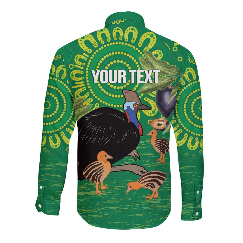 Personalised Australia Father's Day Long Sleeve Button Shirt Cassowary Dad Cerbera Floribunda Aboriginal Art