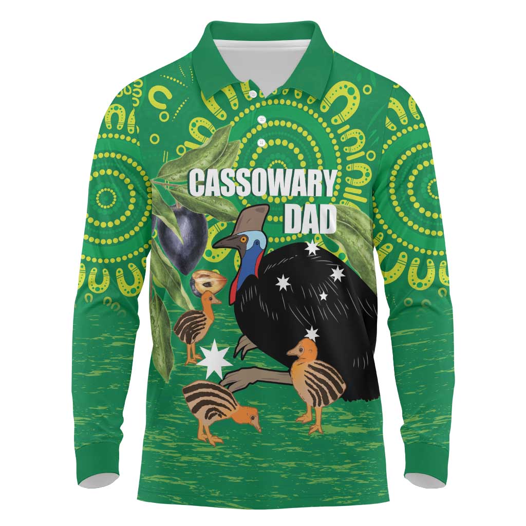 Personalised Australia Father's Day Long Sleeve Polo Shirt Cassowary Dad Cerbera Floribunda Aboriginal Art