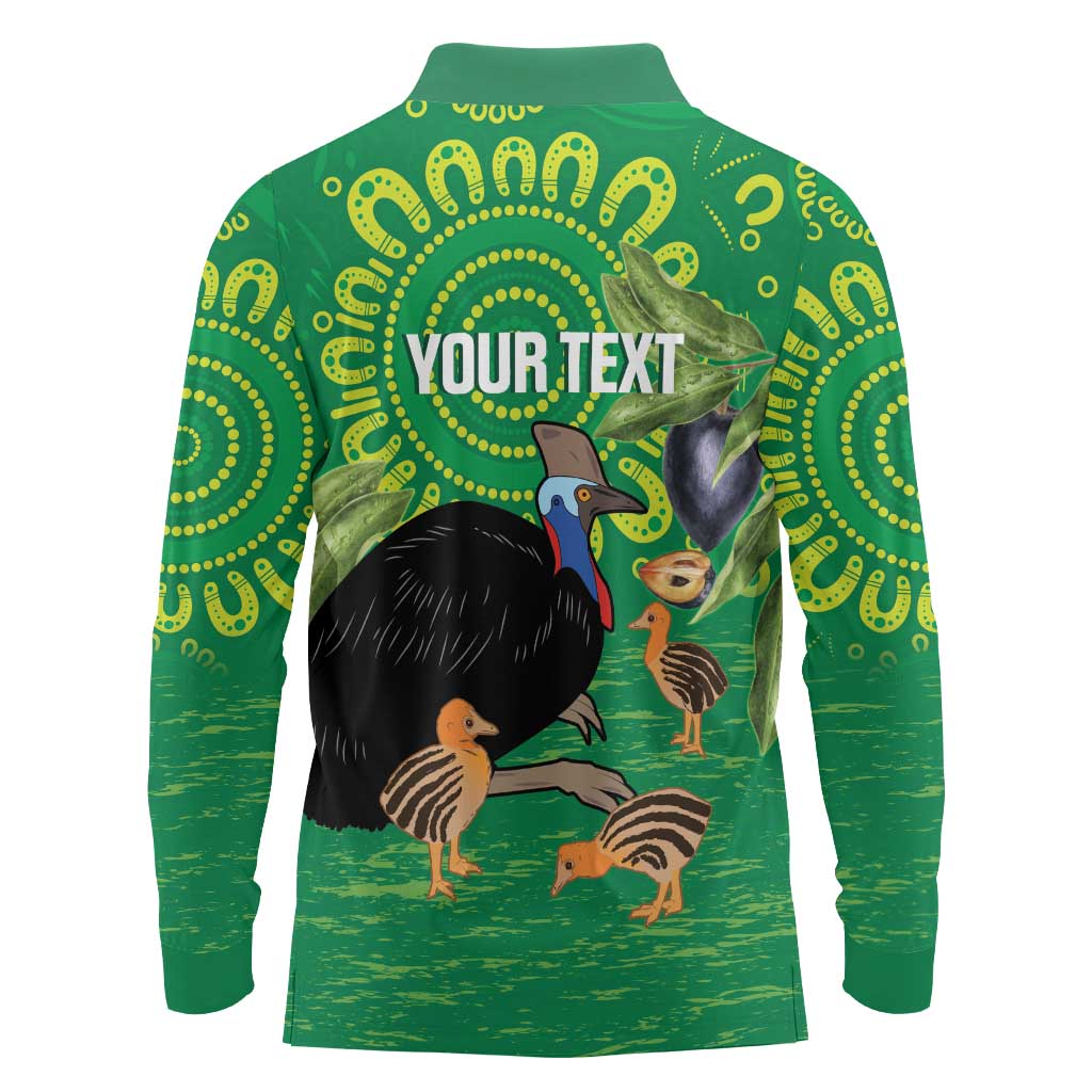 Personalised Australia Father's Day Long Sleeve Polo Shirt Cassowary Dad Cerbera Floribunda Aboriginal Art