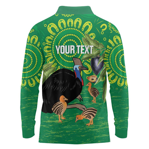 Personalised Australia Father's Day Long Sleeve Polo Shirt Cassowary Dad Cerbera Floribunda Aboriginal Art