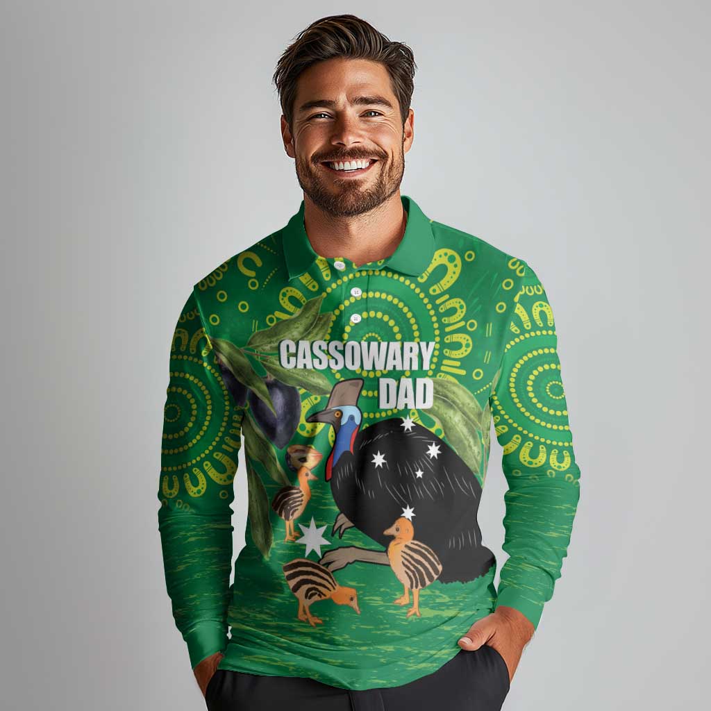 Personalised Australia Father's Day Long Sleeve Polo Shirt Cassowary Dad Cerbera Floribunda Aboriginal Art