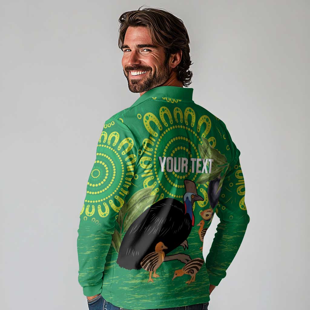 Personalised Australia Father's Day Long Sleeve Polo Shirt Cassowary Dad Cerbera Floribunda Aboriginal Art