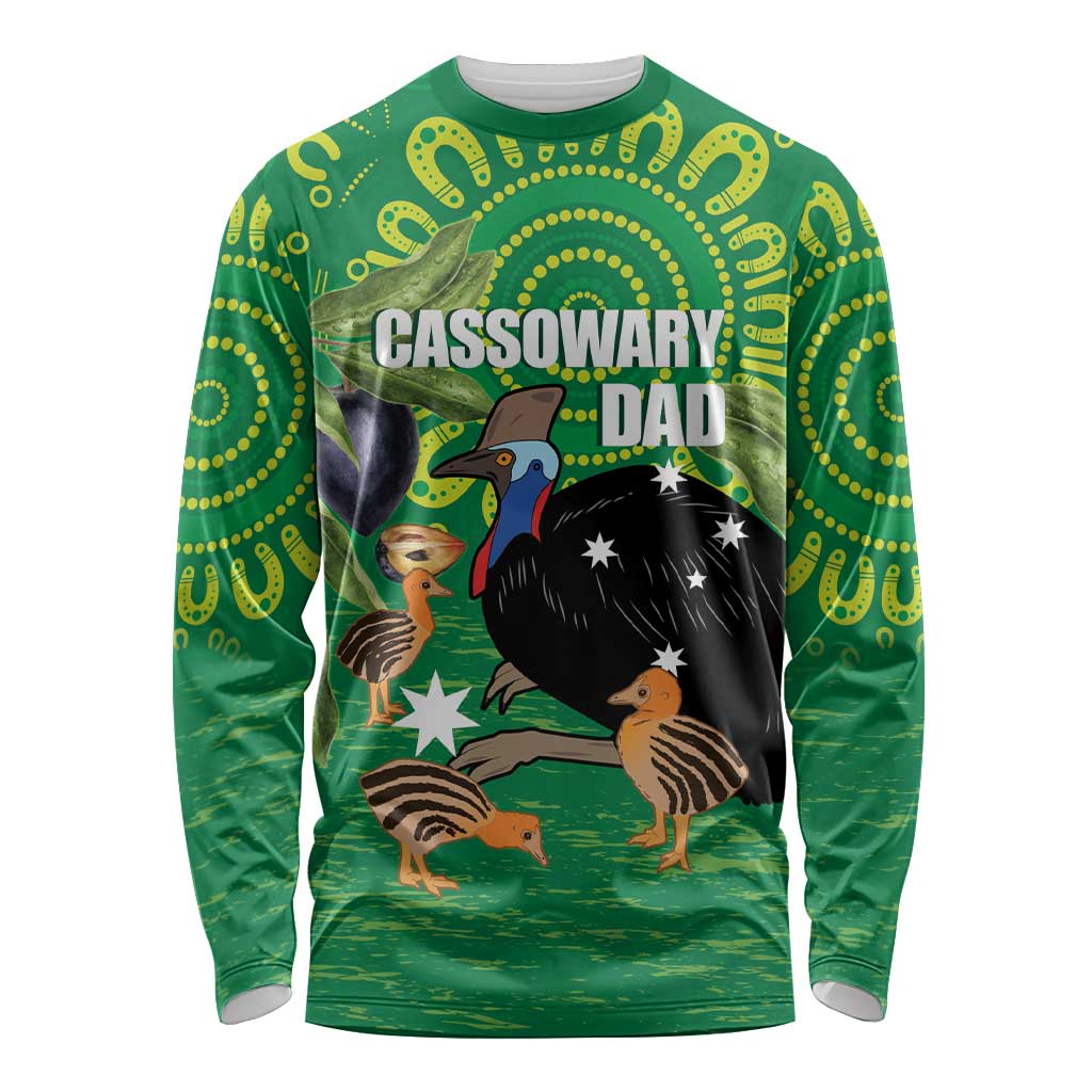 Personalised Australia Father's Day Long Sleeve Shirt Cassowary Dad Cerbera Floribunda Aboriginal Art