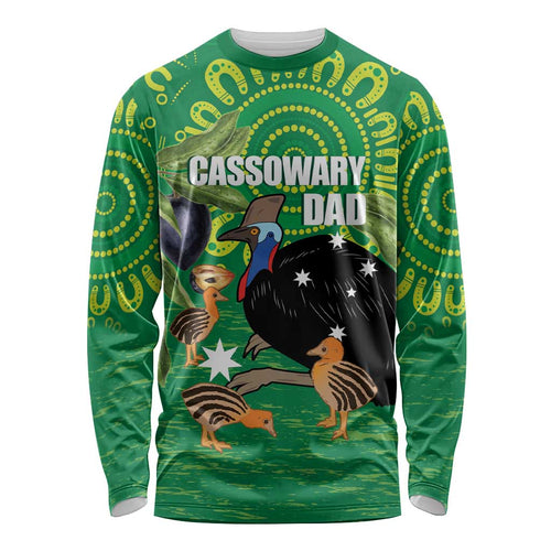 Personalised Australia Father's Day Long Sleeve Shirt Cassowary Dad Cerbera Floribunda Aboriginal Art