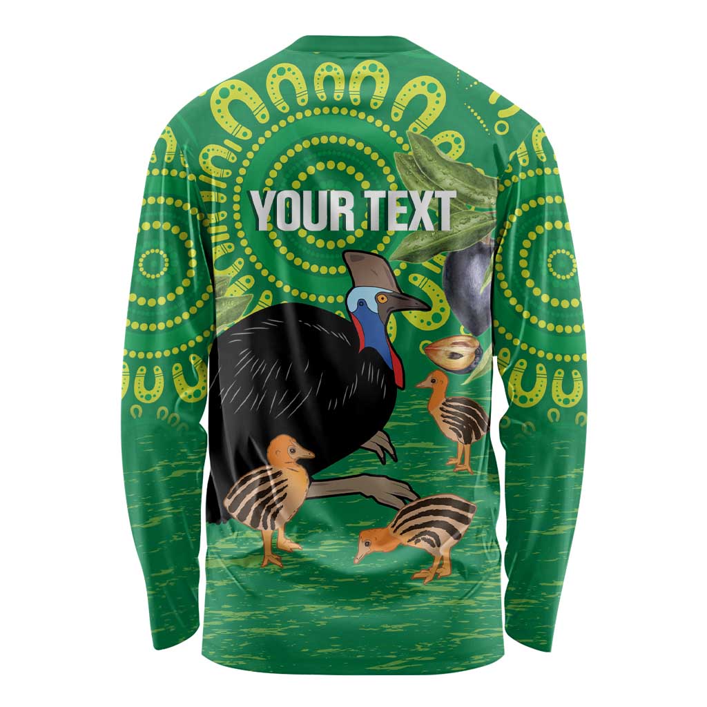 Personalised Australia Father's Day Long Sleeve Shirt Cassowary Dad Cerbera Floribunda Aboriginal Art