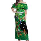 Personalised Australia Father's Day Off Shoulder Maxi Dress Cassowary Dad Cerbera Floribunda Aboriginal Art