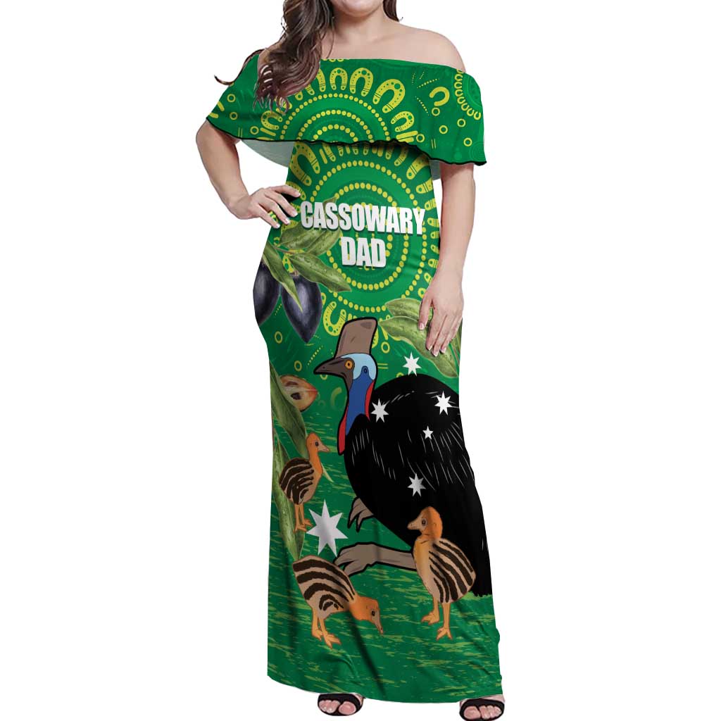 Personalised Australia Father's Day Off Shoulder Maxi Dress Cassowary Dad Cerbera Floribunda Aboriginal Art