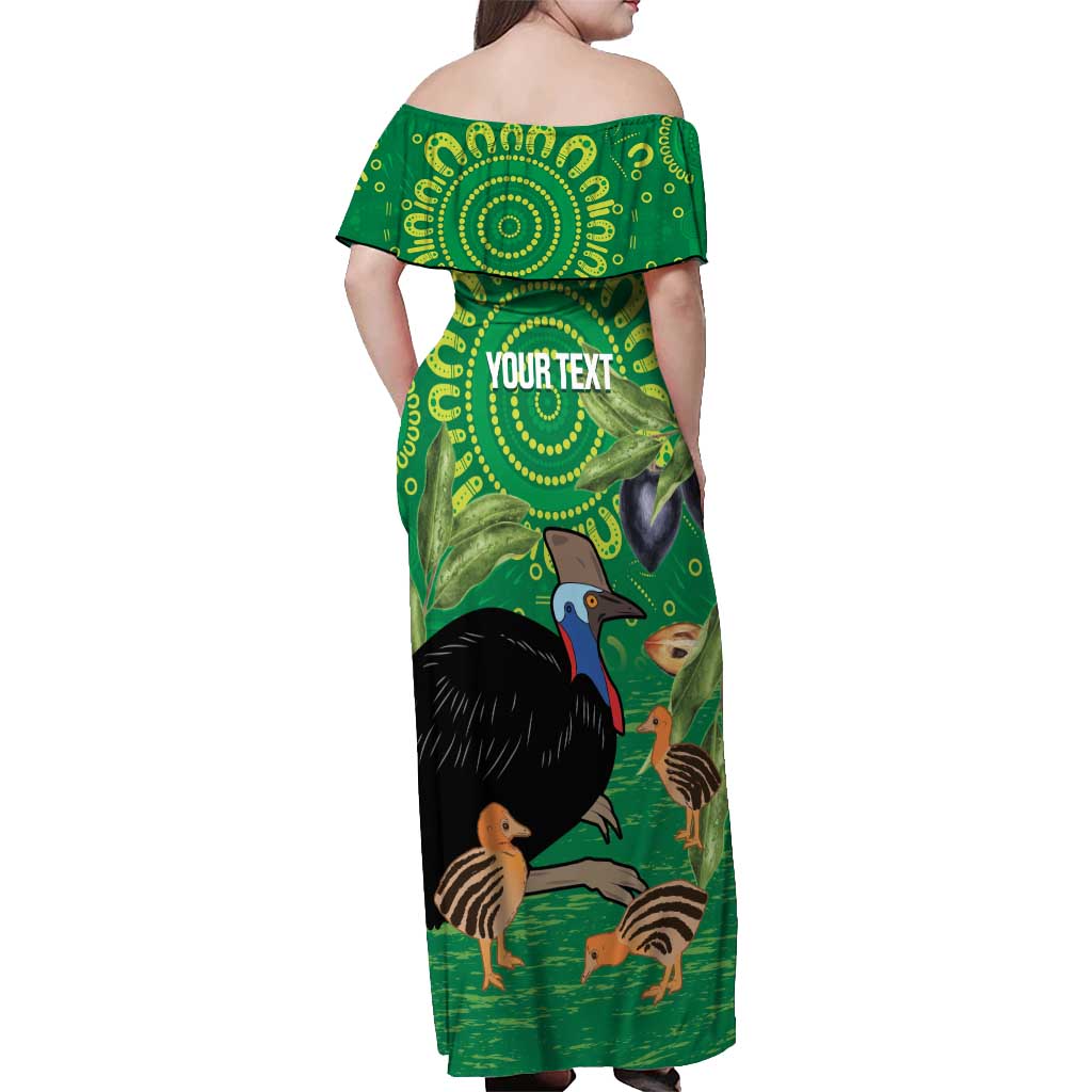 Personalised Australia Father's Day Off Shoulder Maxi Dress Cassowary Dad Cerbera Floribunda Aboriginal Art