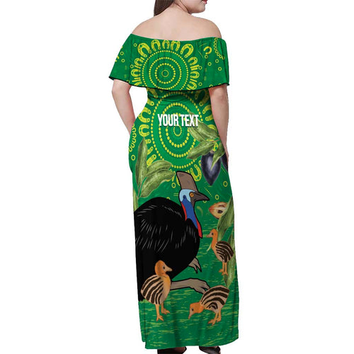 Personalised Australia Father's Day Off Shoulder Maxi Dress Cassowary Dad Cerbera Floribunda Aboriginal Art