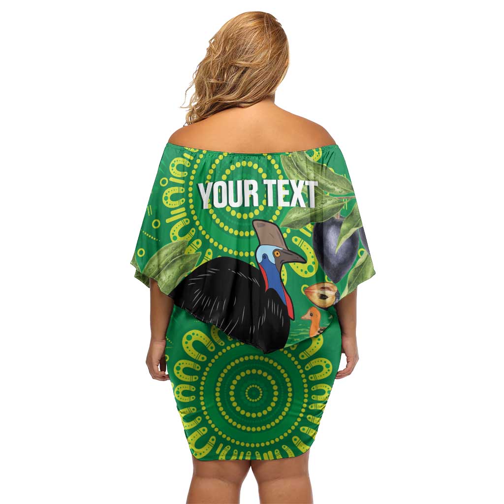 Personalised Australia Father's Day Off Shoulder Short Dress Cassowary Dad Cerbera Floribunda Aboriginal Art