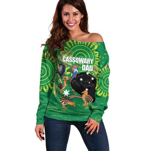 Personalised Australia Father's Day Off Shoulder Sweater Cassowary Dad Cerbera Floribunda Aboriginal Art