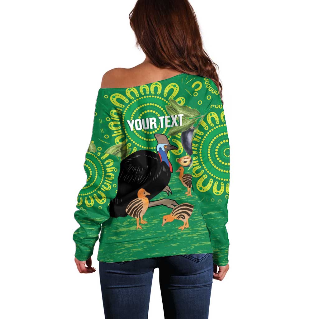 Personalised Australia Father's Day Off Shoulder Sweater Cassowary Dad Cerbera Floribunda Aboriginal Art