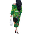 Personalised Australia Father's Day Off The Shoulder Long Sleeve Dress Cassowary Dad Cerbera Floribunda Aboriginal Art