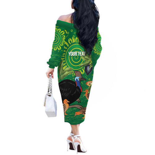 Personalised Australia Father's Day Off The Shoulder Long Sleeve Dress Cassowary Dad Cerbera Floribunda Aboriginal Art