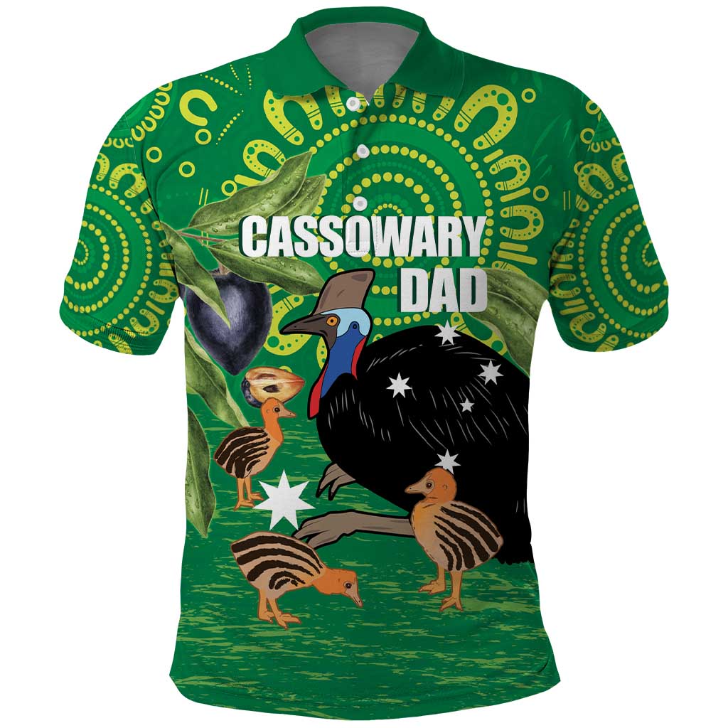 Personalised Australia Father's Day Polo Shirt Cassowary Dad Cerbera Floribunda Aboriginal Art