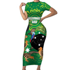 Personalised Australia Father's Day Short Sleeve Bodycon Dress Cassowary Dad Cerbera Floribunda Aboriginal Art
