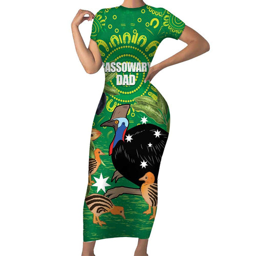 Personalised Australia Father's Day Short Sleeve Bodycon Dress Cassowary Dad Cerbera Floribunda Aboriginal Art
