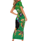 Personalised Australia Father's Day Short Sleeve Bodycon Dress Cassowary Dad Cerbera Floribunda Aboriginal Art