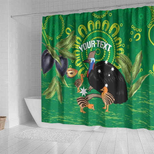 Personalised Australia Father's Day Shower Curtain Cassowary Dad Cerbera Floribunda Aboriginal Art