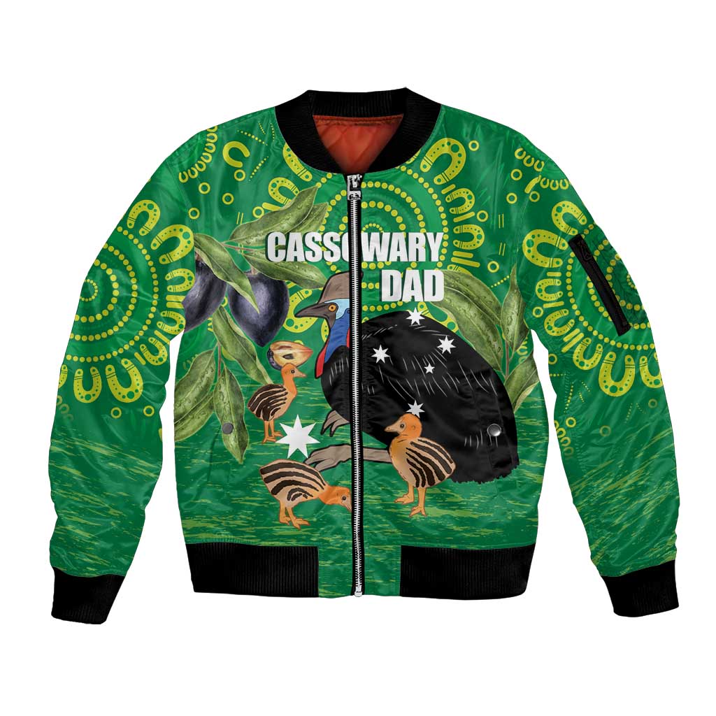 Personalised Australia Father's Day Sleeve Zip Bomber Jacket Cassowary Dad Cerbera Floribunda Aboriginal Art