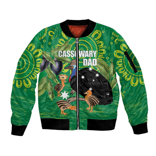 Personalised Australia Father's Day Sleeve Zip Bomber Jacket Cassowary Dad Cerbera Floribunda Aboriginal Art