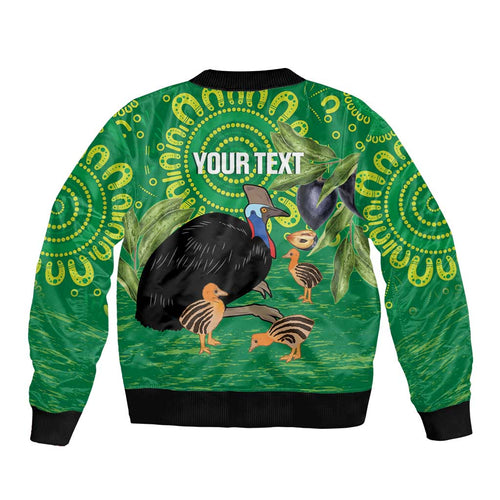Personalised Australia Father's Day Sleeve Zip Bomber Jacket Cassowary Dad Cerbera Floribunda Aboriginal Art