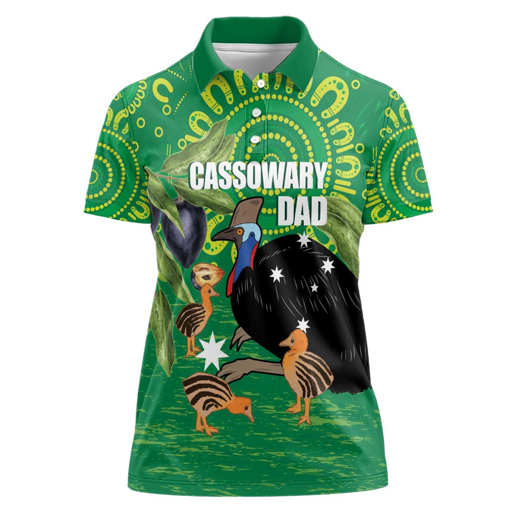 Personalised Australia Father's Day Women Polo Shirt Cassowary Dad Cerbera Floribunda Aboriginal Art