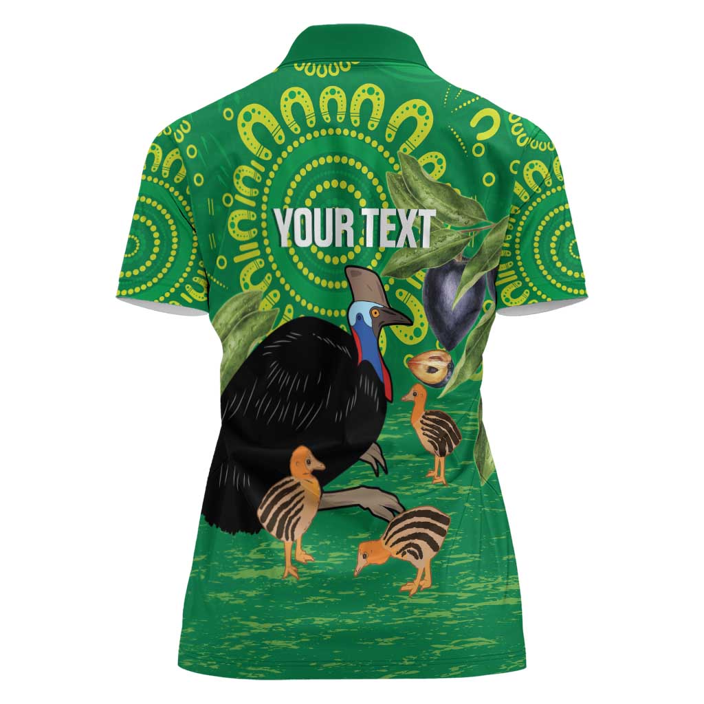 Personalised Australia Father's Day Women Polo Shirt Cassowary Dad Cerbera Floribunda Aboriginal Art