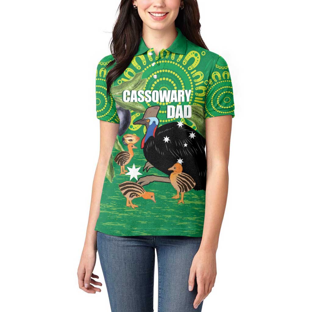Personalised Australia Father's Day Women Polo Shirt Cassowary Dad Cerbera Floribunda Aboriginal Art