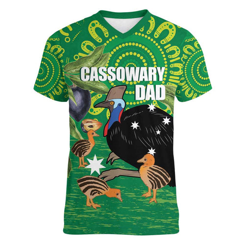 Personalised Australia Father's Day Women V-Neck T-Shirt Cassowary Dad Cerbera Floribunda Aboriginal Art