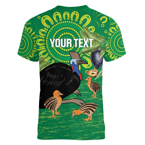 Personalised Australia Father's Day Women V-Neck T-Shirt Cassowary Dad Cerbera Floribunda Aboriginal Art