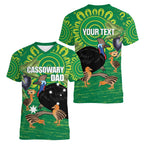 Personalised Australia Father's Day Women V-Neck T-Shirt Cassowary Dad Cerbera Floribunda Aboriginal Art