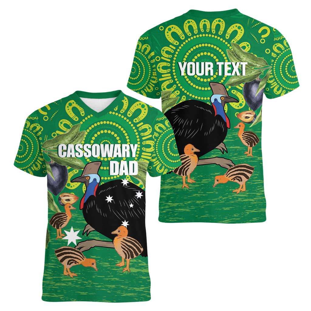 Personalised Australia Father's Day Women V-Neck T-Shirt Cassowary Dad Cerbera Floribunda Aboriginal Art