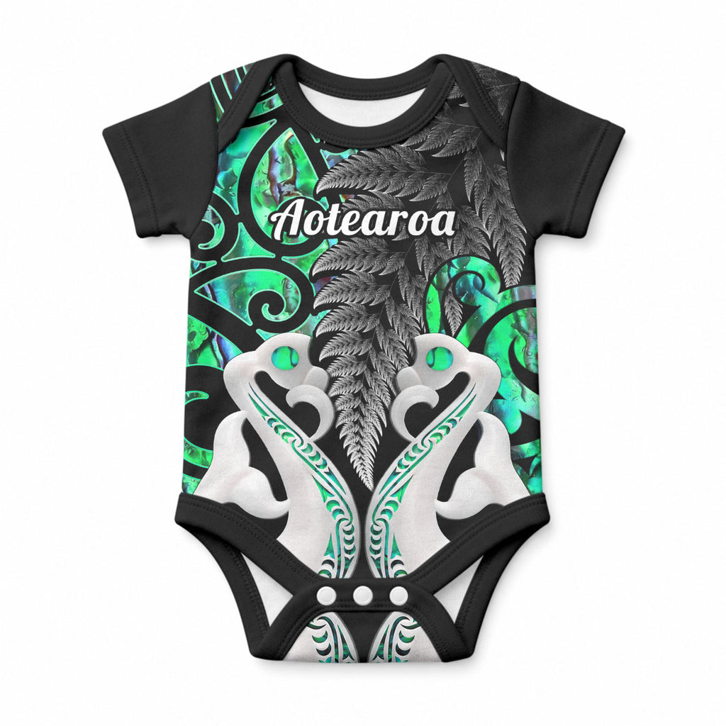 Personalised New Zealand Baby Onesie Te Manaia Mangopare Maori And Fern Green Style