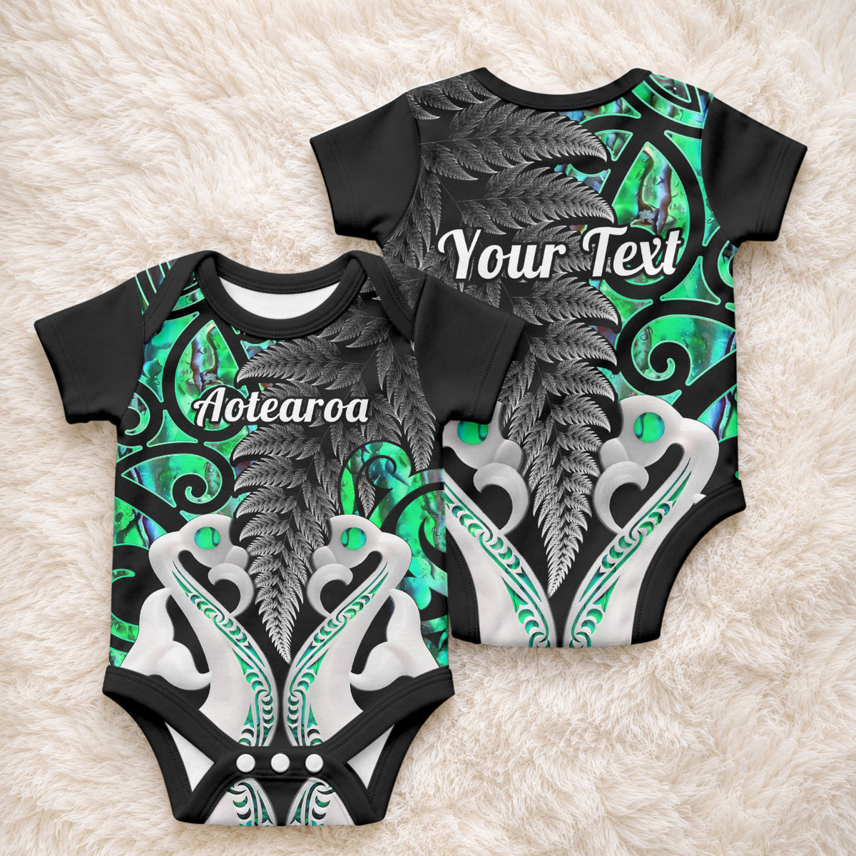 Personalised New Zealand Baby Onesie Te Manaia Mangopare Maori And Fern Green Style