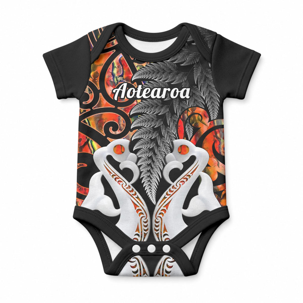 Personalised New Zealand Baby Onesie Te Manaia Mangopare Maori And Fern Orange Style