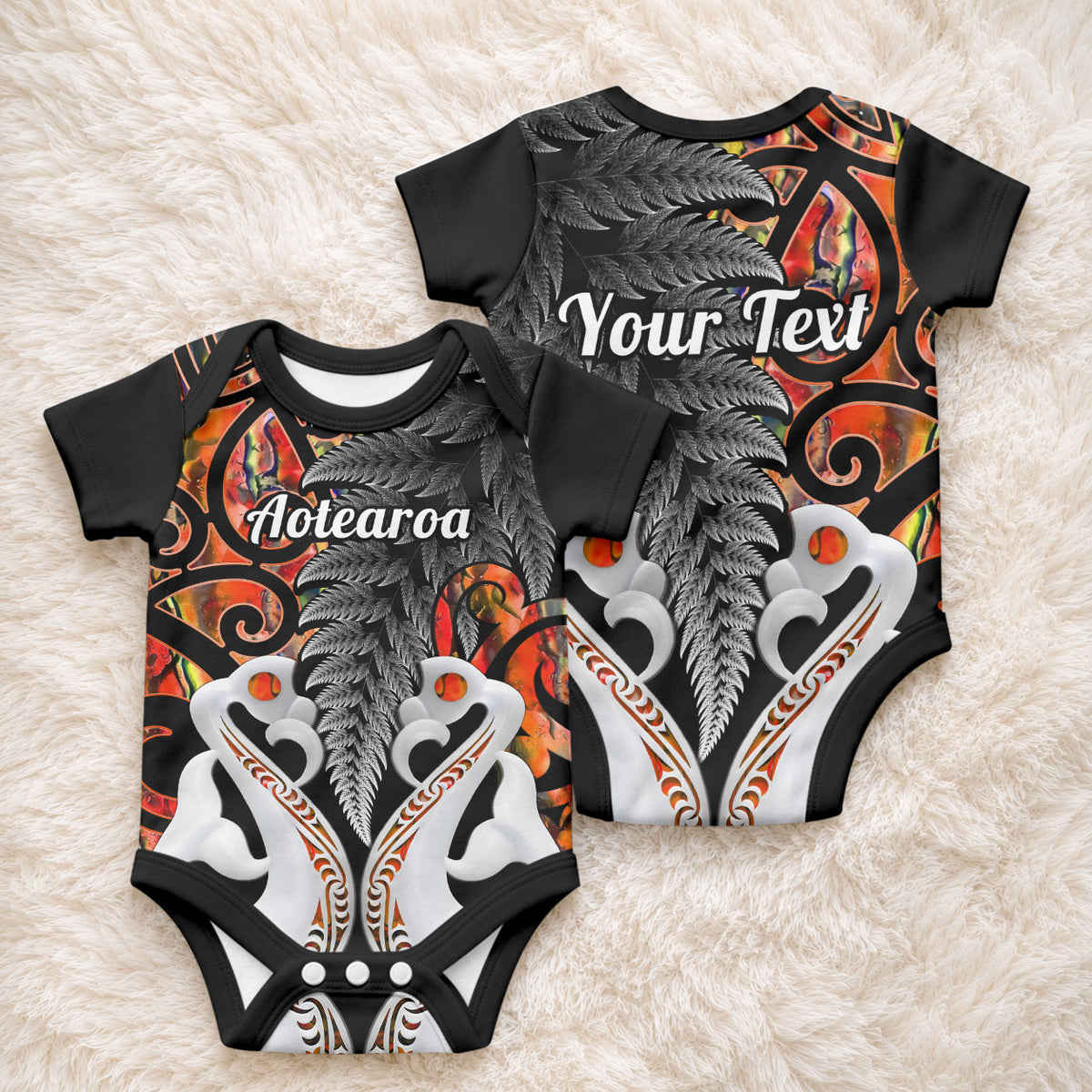 Personalised New Zealand Baby Onesie Te Manaia Mangopare Maori And Fern Orange Style