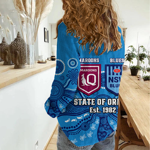 QLD Maroons and NSW Blues Rugby Women Casual Shirt State of Origin 2023 Indigenous Blue LT14
