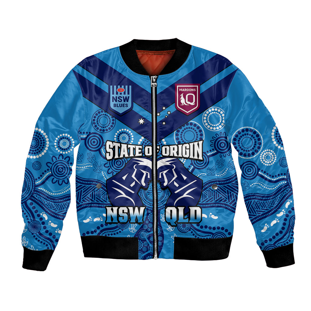personalised-qld-maroons-and-nsw-blues-rugby-bomber-jacket-state-of-origin-2023-indigenous-blue