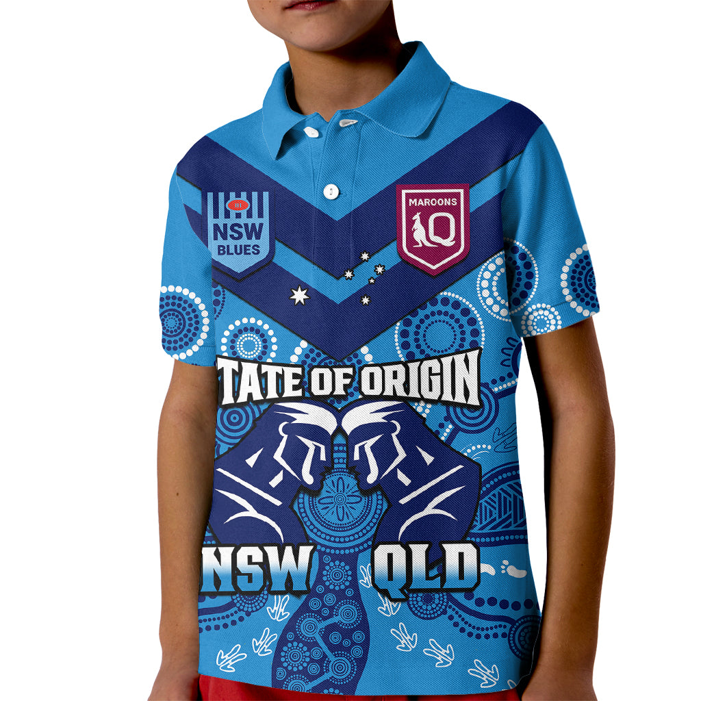 personalised-qld-maroons-and-nsw-blues-rugby-kid-polo-shirt-state-of-origin-2023-indigenous-blue
