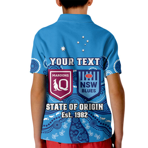 personalised-qld-maroons-and-nsw-blues-rugby-kid-polo-shirt-state-of-origin-2023-indigenous-blue