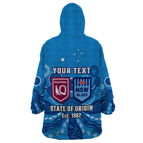 personalised-qld-maroons-and-nsw-blues-rugby-wearable-blanket-hoodie-state-of-origin-2023-indigenous-blue