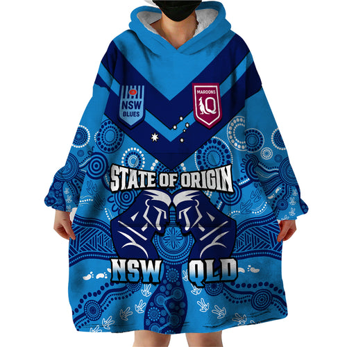 personalised-qld-maroons-and-nsw-blues-rugby-wearable-blanket-hoodie-state-of-origin-2023-indigenous-blue