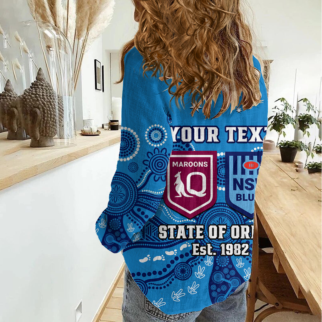 Personalised QLD Maroons and NSW Blues Rugby Women Casual Shirt State of Origin 2023 Indigenous Blue LT14