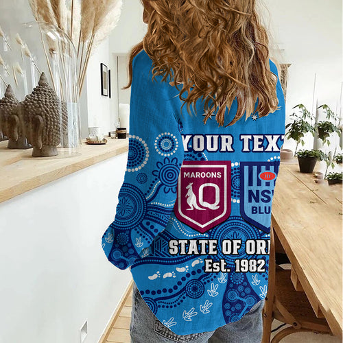 Personalised QLD Maroons and NSW Blues Rugby Women Casual Shirt State of Origin 2023 Indigenous Blue LT14
