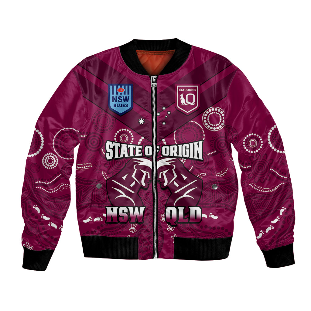personalised-qld-maroons-and-nsw-blues-rugby-bomber-jacket-state-of-origin-2023-indigenous-maroon