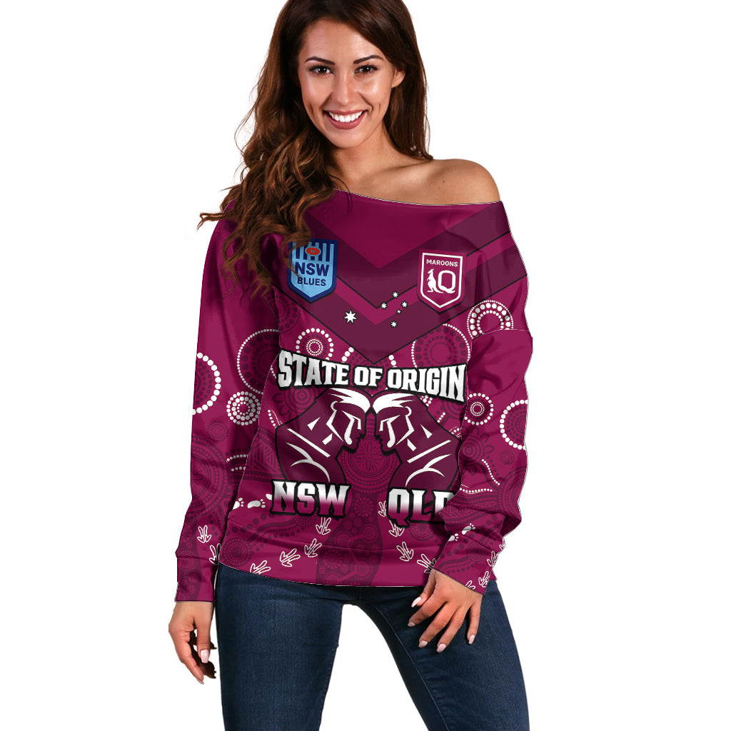 personalised-qld-maroons-and-nsw-blues-rugby-off-shoulder-sweater-state-of-origin-2023-indigenous-maroon