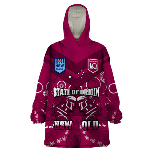 personalised-qld-maroons-and-nsw-blues-rugby-wearable-blanket-hoodie-state-of-origin-2023-indigenous-maroon
