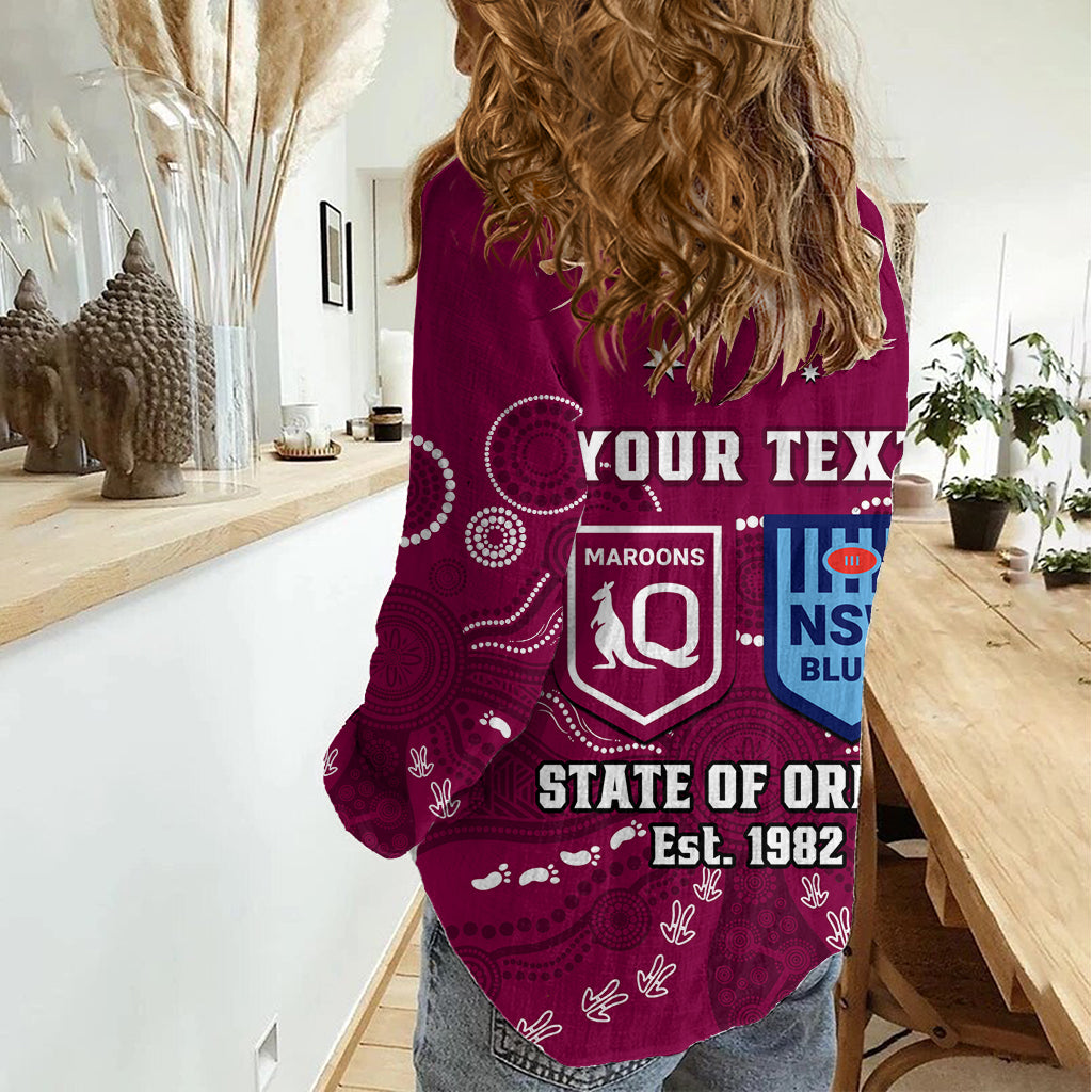 Personalised QLD Maroons and NSW Blues Rugby Women Casual Shirt State of Origin 2023 Indigenous Maroon LT14