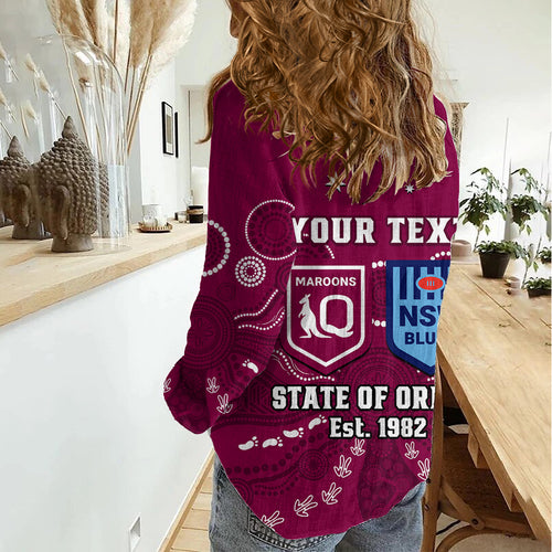 Personalised QLD Maroons and NSW Blues Rugby Women Casual Shirt State of Origin 2023 Indigenous Maroon LT14